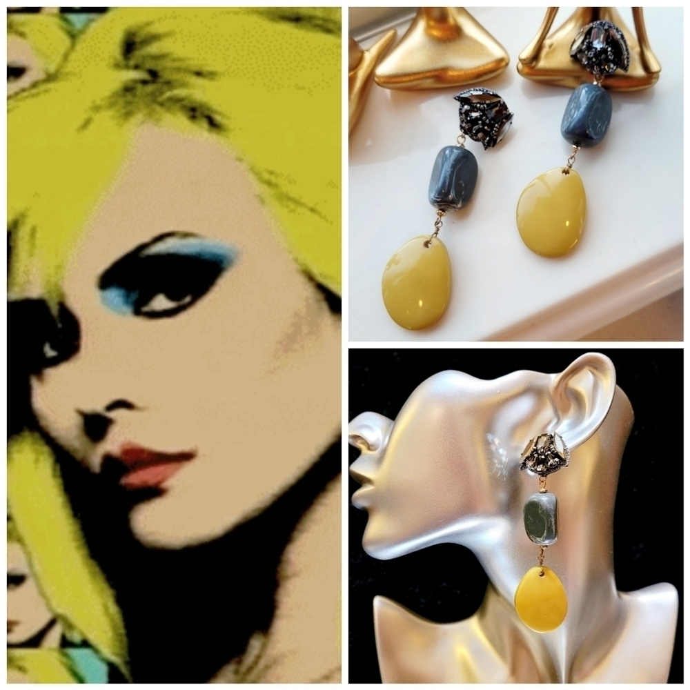 VINTAGE RETRO 80S 90S MARCASSITE YELLOW & MARBLED DROP EARRINGS